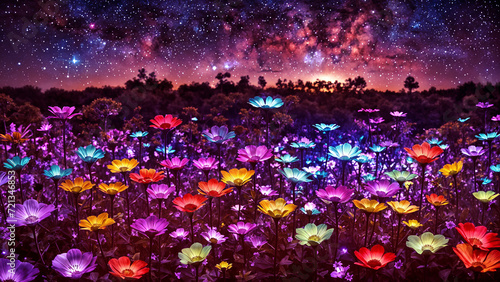 Fantastic flowers and plants under the night sky. AI