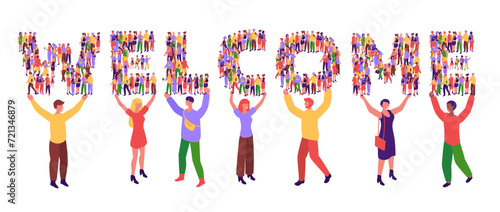 Welcoming banner. Community welcomer typography, welcome word formed by people crowd and team members inviting flat vector illustration