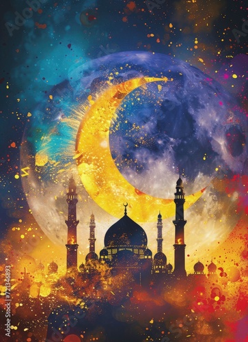 eid al-fitr poster background with colorful fireworks and mosque - ramadan poster beautiful background