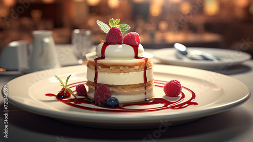 close up horizontal image a fancy dessert in a context of a fine dining restaurant Generative AI photo
