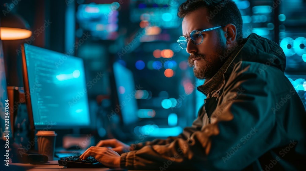 Focused Developer Working Late at Night, Illuminated by the Soft Glow of Multiple Computer Screens in a Modern, Technologically Advanced Office Focused Developer Working Late at Night, Illuminated by the Soft Glow of Multiple Computer Screens in a Modern, Technologically Advanced Office