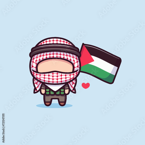 Palestinian wearing Keffiyeh pink scarf waving Palestine flag cute faceless vector illustration with love icon