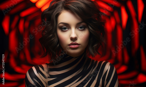 Surreal Beauty Portrait with Red and Black Geometric Patterns Surrounding a Young Woman with Dark Hair