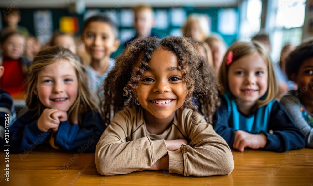 Diverse group of smiling children sitting at desk in classroom, reflecting inclusion and joy in a multicultural educational environment Diverse group of smiling children sitting at desk in classroom, reflecting inclusion and joy in a multicultural educational environment