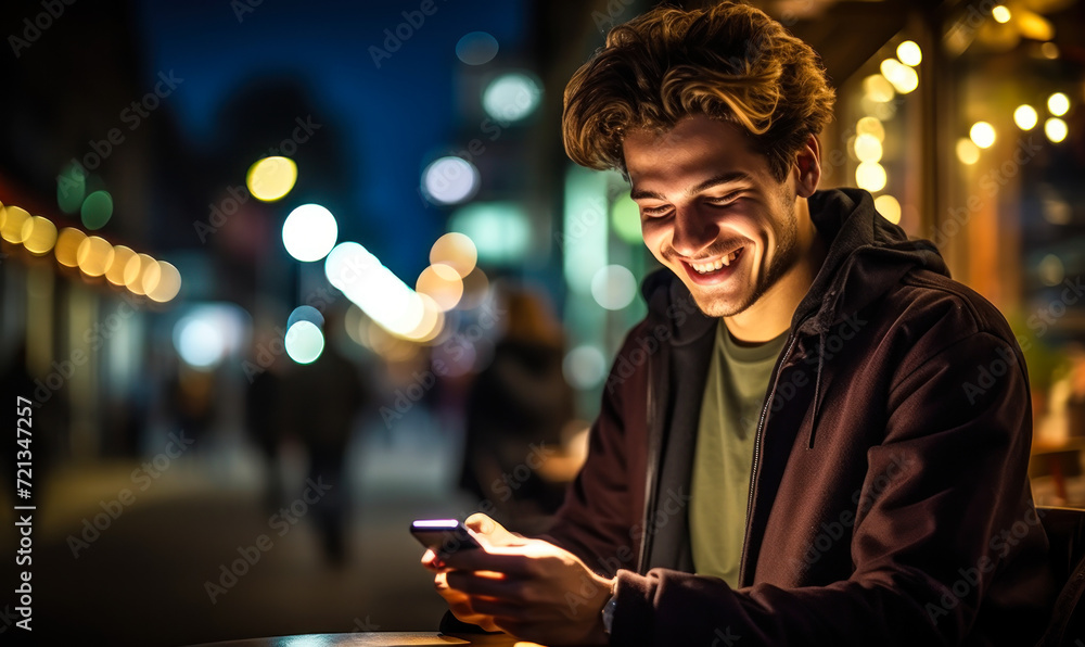 Young man enjoying his smartphone at night, illuminated by the warm glow of city lights, reflecting joy and modern urban connectivity Young man enjoying his smartphone at night, illuminated by the warm glow of city lights, reflecting joy and modern urban connectivity