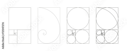 Golden ratio template. Set of harmony squares. Fibonacci array, numbers, fractal. Method golden section, division. Collection of gold proportions frames. Vector outline illustration. Eps.