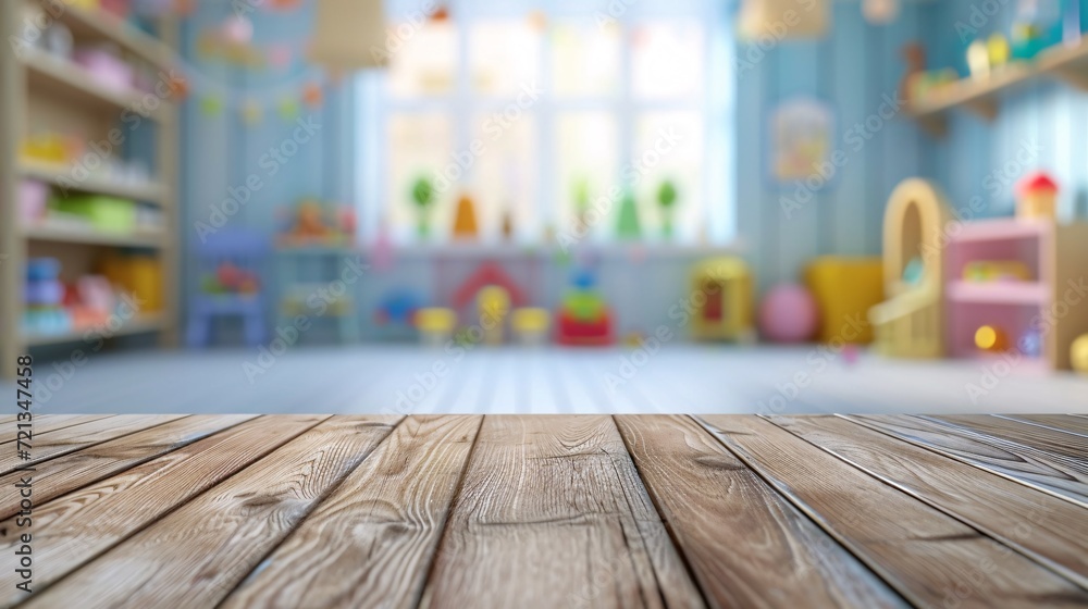 An unoccupied wooden table against a blurry backdrop of a child's playroom with toys, used for showcasing products. An unoccupied wooden table against a blurry backdrop of a child's playroom with toys, used for showcasing products.