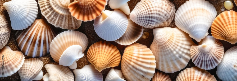 Top view consisting of sea exotic seashells. Natural textured background. Banner.