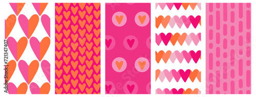 Collection of seamless patterns for Valentine's Day. Five cute prints set of love, poster, website, advertising, scrapbooking cover, banner design set. Modern art typography background. Love forever.