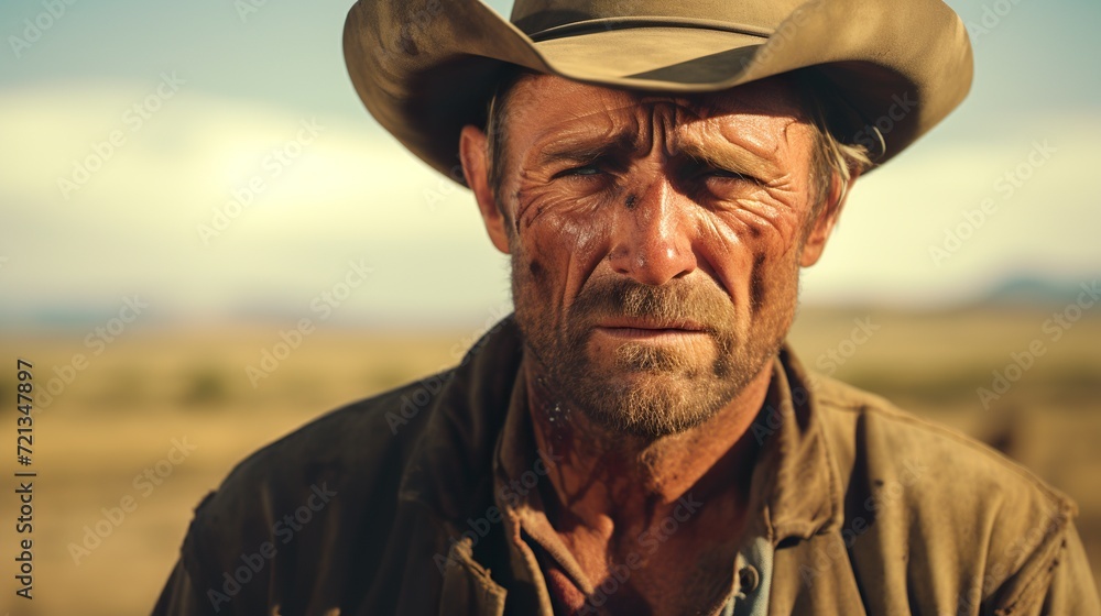 A Texas cowboy with a sad and regretful face. A 45-year-old farmer man with expression lines from the day's toil and sad features. Close-up of a crying cowboy. A Texas cowboy with a sad and regretful face. A 45-year-old farmer man with expression lines from the day's toil and sad features. Close-up of a crying cowboy.