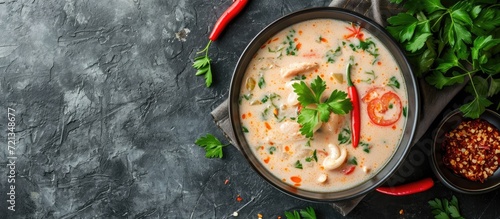 Thai coconut spicy soup: tom kha gai soup, top view, copy space.