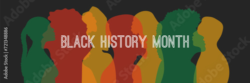 Black History Month banner. Multi-colored silhouettes of African women and men on a dark background. Happy holiday in February