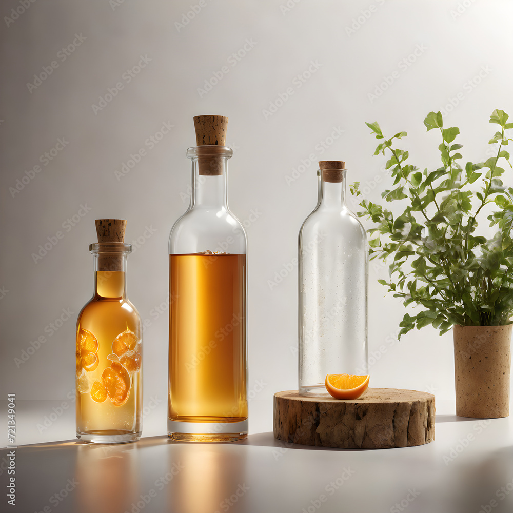 Glass bottle with orange juice and vinegar, infused with aromatic spices, isolated on a white background, representing a healthy and flavorful cooking ingredient Glass bottle with orange juice and vinegar, infused with aromatic spices, isolated on a white background, representing a healthy and flavorful cooking ingredient