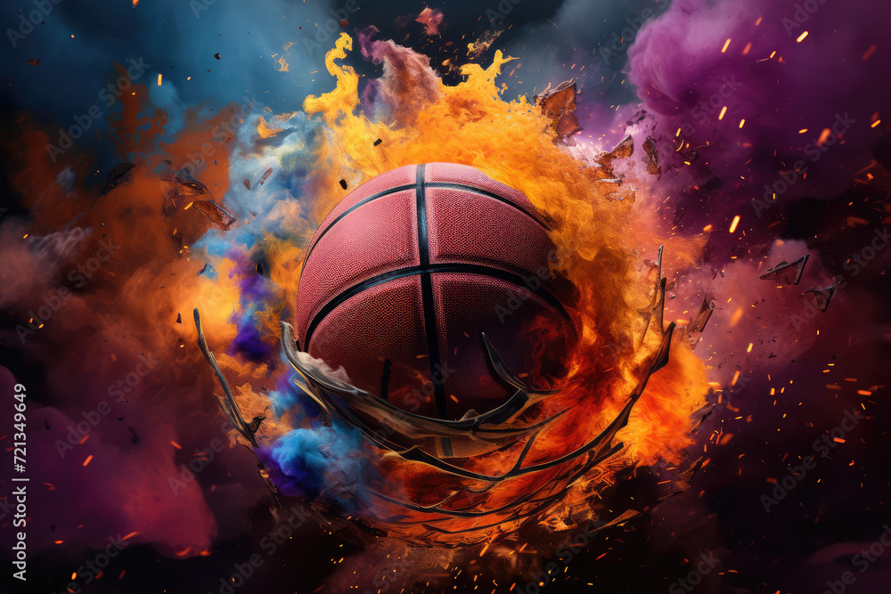 Basketball in fire flames with effect of explosion. 3d illustration Basketball in fire flames with effect of explosion. 3d illustration
