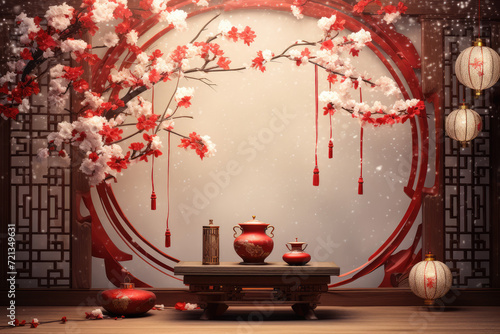 3d rendering of chinese temple with sakura blossom background