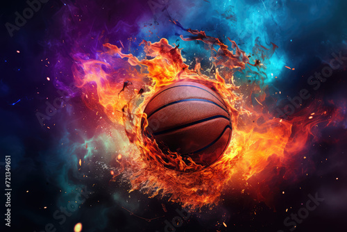 Basketball in fire flames with effect of explosion. 3d illustration © Kitta