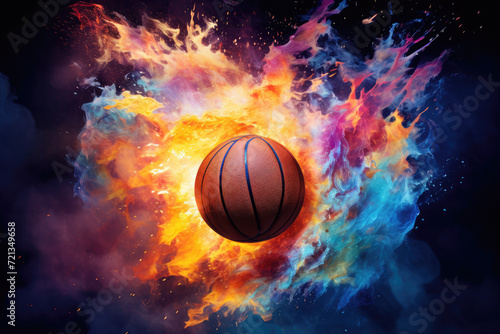 Basketball in fire flames with effect of explosion. 3d illustration