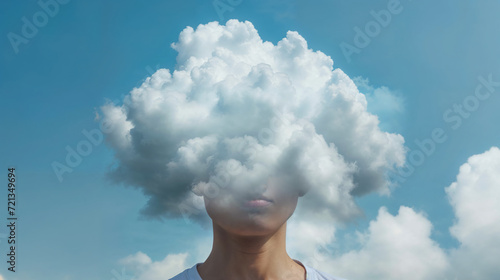 Head in the clouds. Woman with cloud for head, concept of daydreaming, surrealism, and imagination. photo