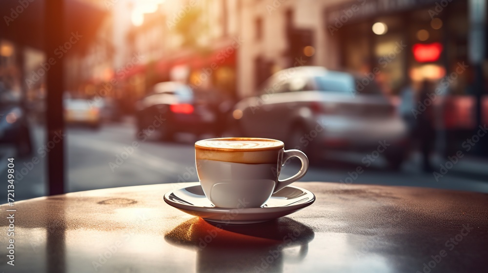 Hot fresh coffee on cafe table,blurred light background Hot fresh coffee on cafe table,blurred light background