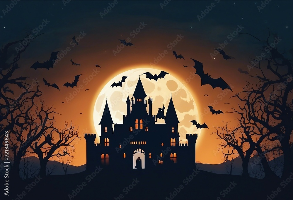 Scary gothic castle on Halloween night haunted palace or mansion for dark blue background Spooky vie