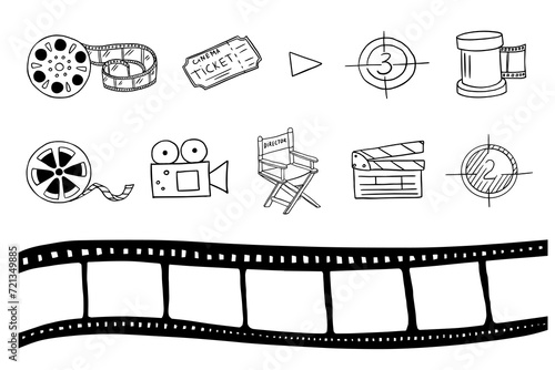 Set of film strips, cinema flapper, director's chair in doodle style. Movie time. Cinema film tape roll 35 mm, blank slide frames. Old retro film strip frame. Vector illustration EPS10. Hand drawn