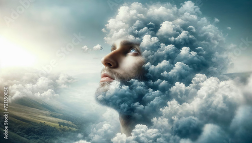 Head in the clouds. Man with cloud for a head, looking up, infused with sunlight, embodies daydreaming and introspection amidst vast sky.  photo