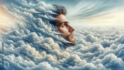Head in the clouds. Man's face emerging from clouds, contemplative gaze, ethereal sky, concept of wonder and introspection. photo