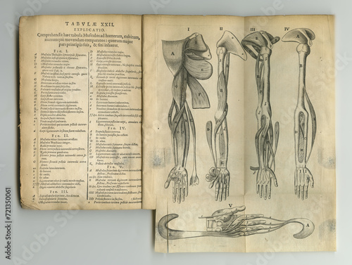 Old book, vintage and anatomy of bones, human body parts or latin literature, manuscript or ancient scripture against a studio background. History novel, journal or education of skeleton study