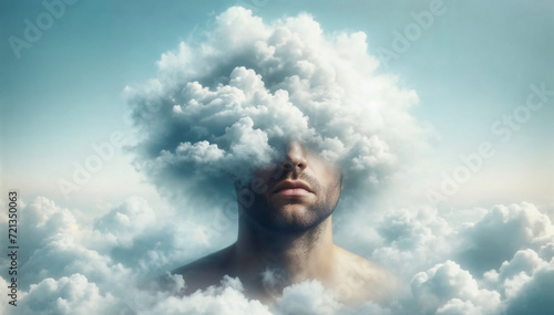 Head in the clouds. Man with cloud for head, concept of daydreaming, surrealism, and imagination. © unicusx