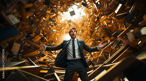Desperate businessman falling through a collapsing structure, symbolizing crisis, failure or financial collapse in a surreal concept photo