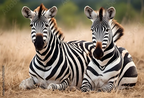 AI-generated illustration of two zebras resting in a lush grassland