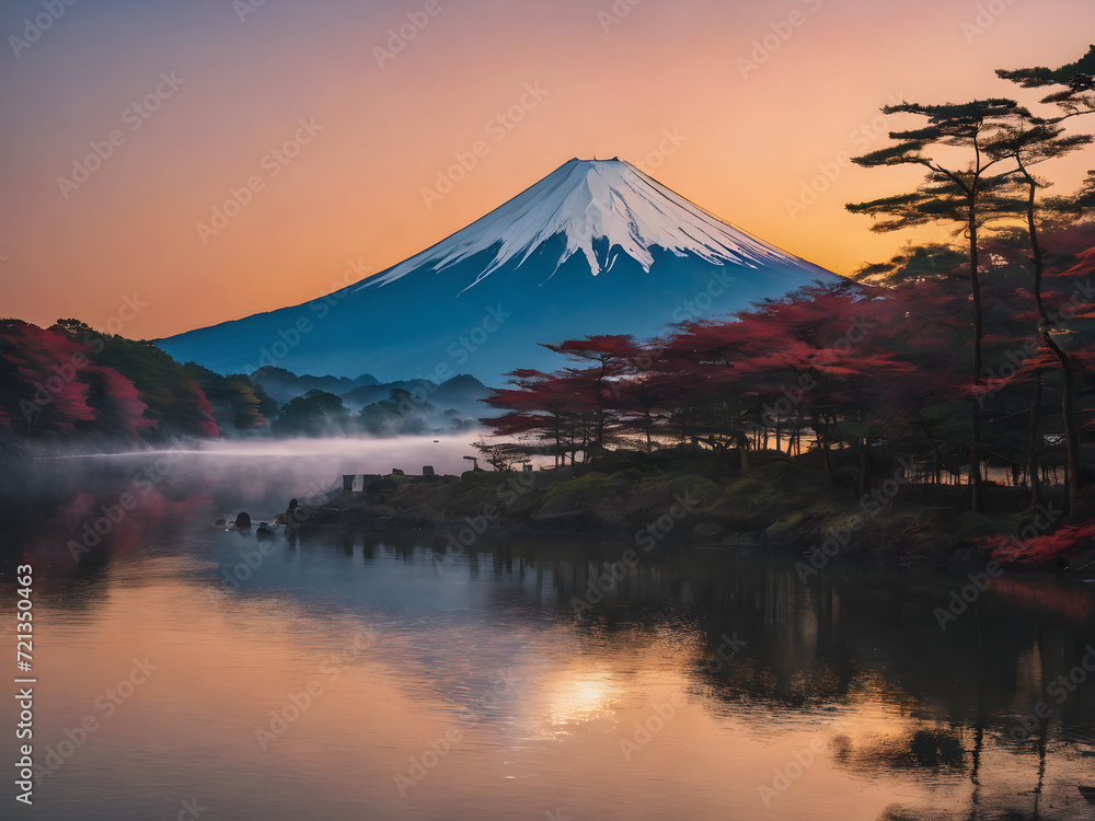 Autumnal Sunset Over Mount Fuji Reflecting in a Calm Lake amid Snow-Capped Peaks and Cloudy Skies, Chile Autumnal Sunset Over Mount Fuji Reflecting in a Calm Lake amid Snow-Capped Peaks and Cloudy Skies, Chile