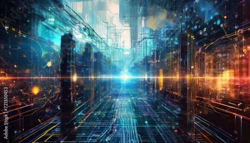 Abstrakte Darstellung Datenfluss von künstlicher Intelligenz in einem futuristischen Datenzentrum. Hintergrund.