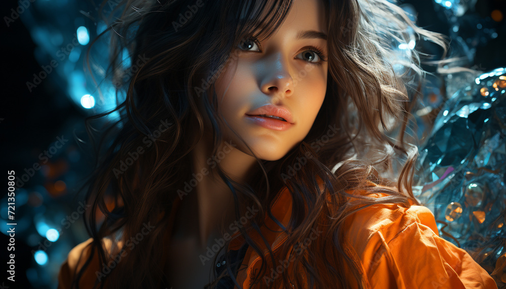 Young woman with long brown hair looking at camera outdoors generated by AI Young woman with long brown hair looking at camera outdoors generated by AI