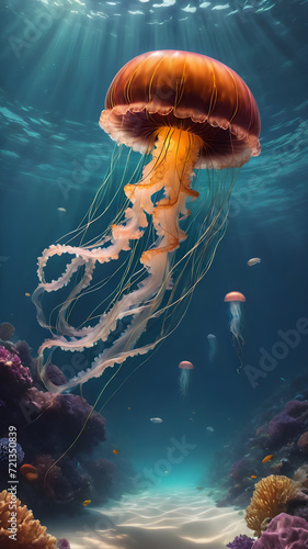 Underwater Aquarium with Colorful Fish and Graceful Jellyfish Swimming in the Deep Blue Sea