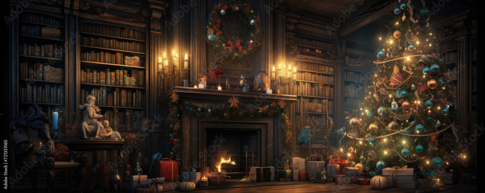a Christmas tree in the living room, a bunch of Christmas presents, a fire in the fireplace a Christmas tree in the living room, a bunch of Christmas presents, a fire in the fireplace