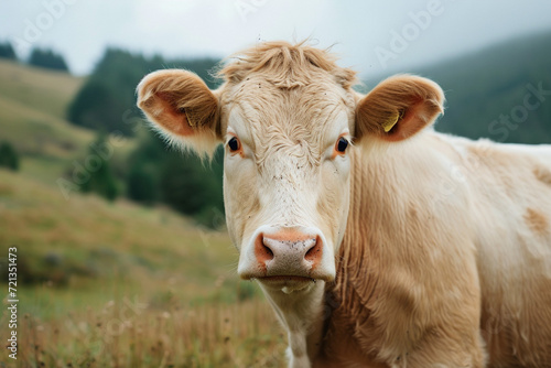 Close-up of Cow in Pastoral Landscape, Farm Animal Portrait © ItziesDesign