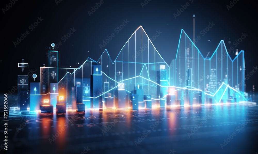 Naklejka premium Abstract glowing business chart on dark background. Finance and trade concept. 