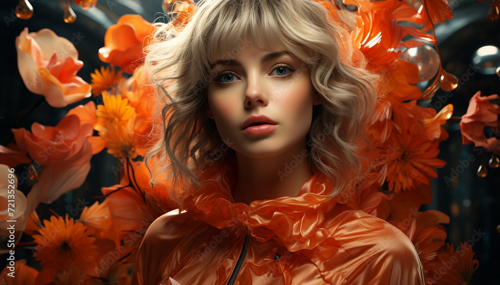 Young woman with blond hair and a cute smile in nature generated by AI Young woman with blond hair and a cute smile in nature generated by AI