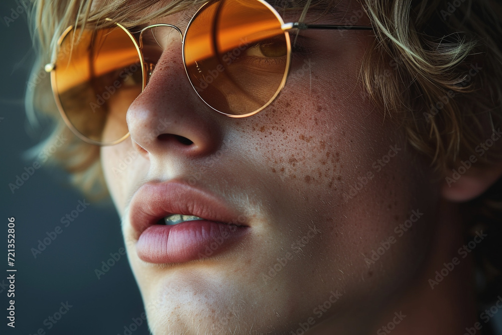 A man with blonde hair and freckles on his face, wearing orange-tinted sunglasses. A man with blonde hair and freckles on his face, wearing orange-tinted sunglasses.
