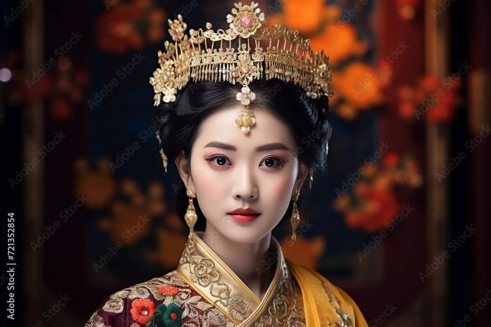 Portrait made with generative AI of charming stunning lady princess in traditional holiday costume