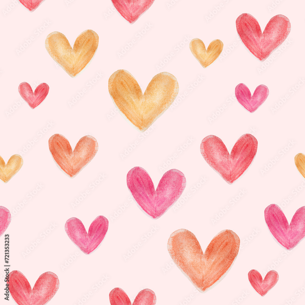 seamless pattern with multi-colored hearts on a light pink background