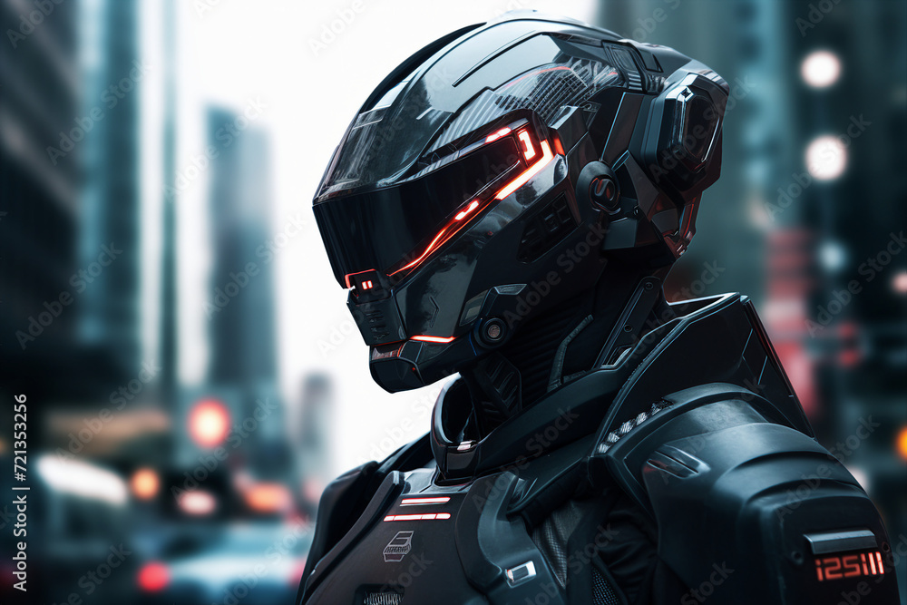 Surreal modern cyborg with a cyberpunk helmet on a futuristic background made with generative AI Surreal modern cyborg with a cyberpunk helmet on a futuristic background made with generative AI