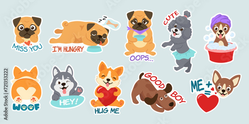 Funny cartoon dog stickers. Adorable puppy characters, cute pug and good boy pet vector illustration set
