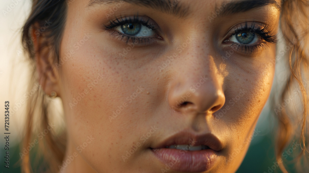 Close-up of a young woman's face, highlighting her unique beauty and the natural details of hyperpigmentation on her skin. Close-up of a young woman's face, highlighting her unique beauty and the natural details of hyperpigmentation on her skin.