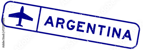 Grunge blue argentina word with plane icon square rubber seal stamp on white background