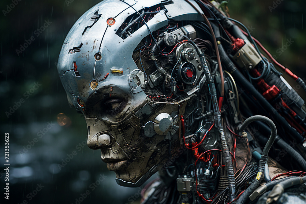 Fototapeta premium Humanoid robot like people of future Earth planet on camping conceptual AI generation picture image