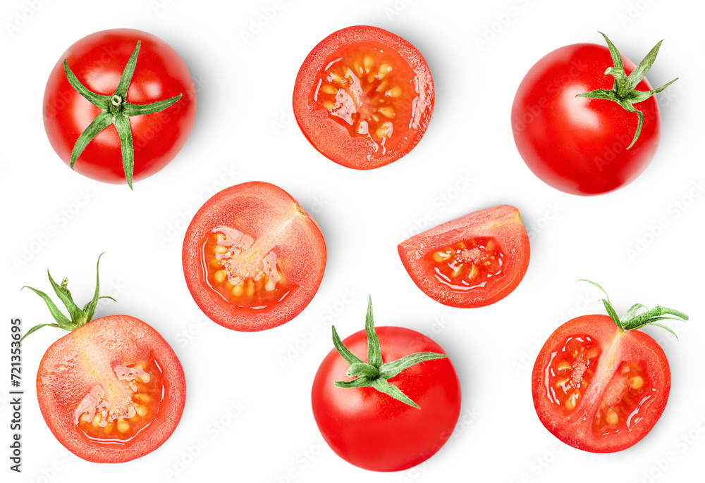 cherry tomatoes whole and halves on a white isolated background, top view - obrazy, fototapety, plakaty 