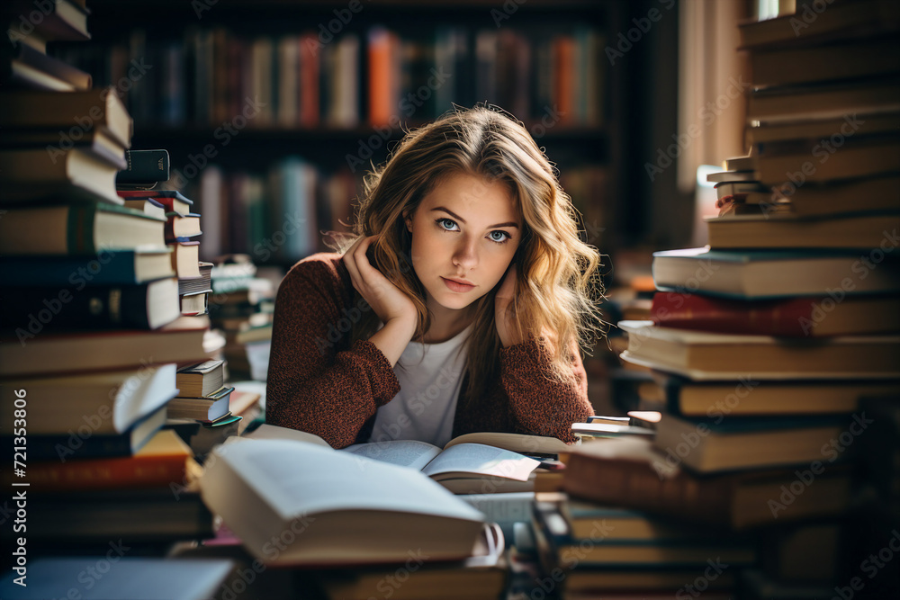 Generative AI technology conceptual picture World Book Day people reading book in big large library Generative AI technology conceptual picture World Book Day people reading book in big large library