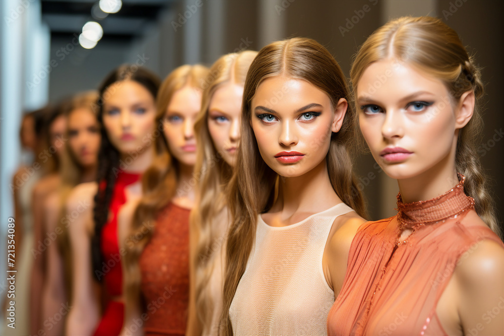 Obraz premium Generative AI picture High fashion show with beautiful young female model dressed fine designer clothes